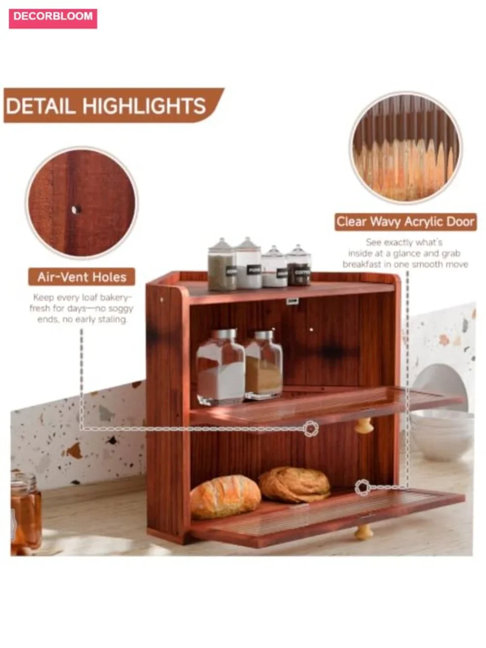 Wooden Corner Bread Box 2-Tier Pine with Magnetic Latch